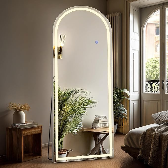 DUMOS Arched Full Length Mirror with Light, 20"x63" LED Floor Standing Mirror with 3 Color Lights & Wall Mounted for Bedroom, Dressing Room, Living Room, Bathroom