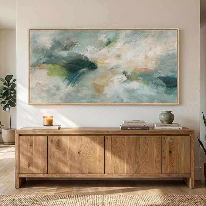 Extra Large Framed Sage Green Abstract Wall Art for Living Room, Modern Teal Horizontal Canvas Prints Paintings Artwork for Walls, Oversized Pictures Wall Decor for Bedroom Dining Room Office 36x72 In