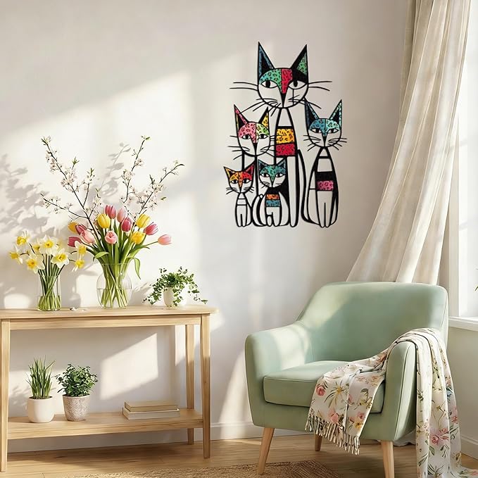 Wesiti Cat Wall Art Decor Iron Wall Sculptures Decor for Cats Lover 10.6 x 15.7 Inches Colorful Mid Century Cat Signs for Home Living Room Bedroom Kitchen Office(Leopard Print)