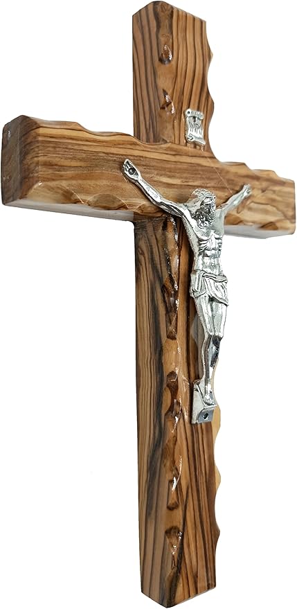 Zuluf 7.8" Olive Wood Latin Cross with Silver Plated Crucifix Christian Wall Gift from Bethlehem Holy Land CRS064