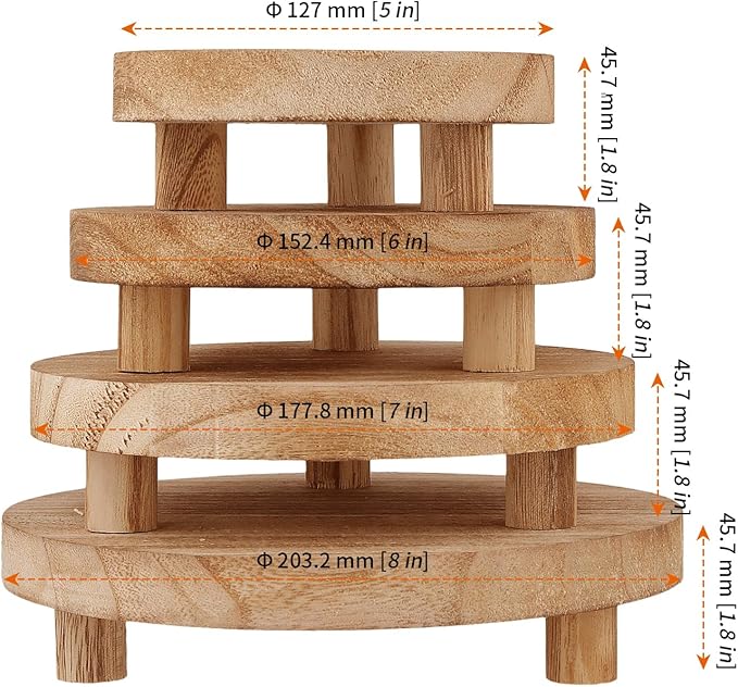 HOZEON 4 PCS Wooden Display Risers, Round Wooden Pedestal Stand for Dessert Display, Kitchen Organization, Retail Display and Home Decor(4 Sizes, Light Brown)