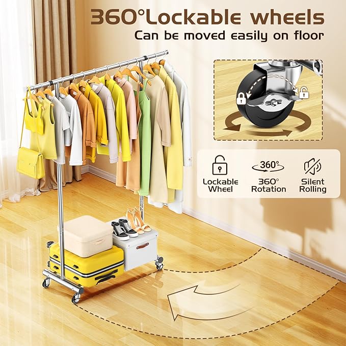 Clothes Rack for Hanging Clothes, Sturdy Stainless Steel Clothing Rack, Portable Garment Rack with Extendable Hanging Rod, Adjustable Rolling Coat Rack with Anti-Slip Wheels for Home Conmercial Store