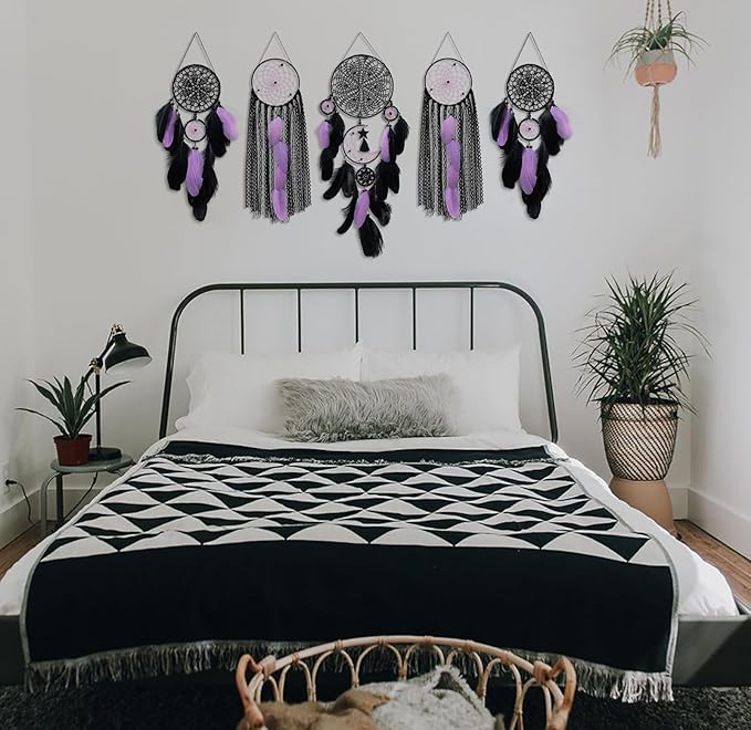 5 Pack Black Purple Dream Catchers Wall Decor Moon and Sun Feather Handmade Traditional Dreamcatchers Large Boho Macrame Wall Hanging Native American Decor for Bedroom Adult Halloween Decorations