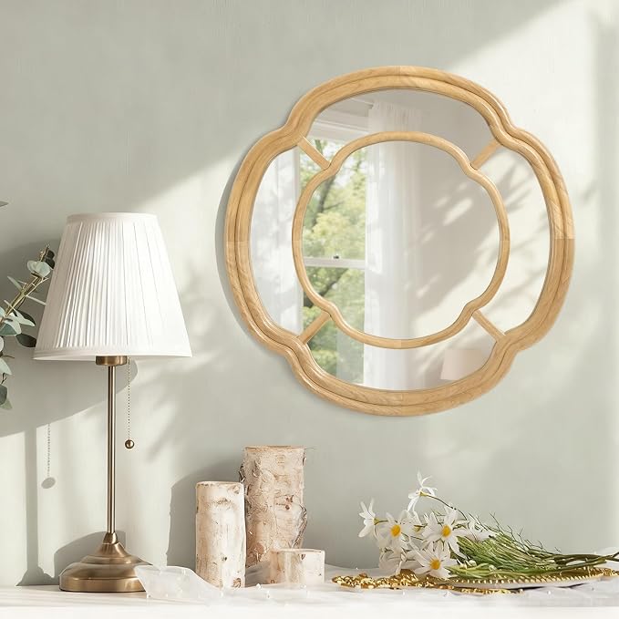 Wall Mounted Mirror, Wooden Round Framed Mirror Irregular Wavy Hanging Decorative Mirrors for Living Room Bedroom and Entryway Home 20 Inch Decor