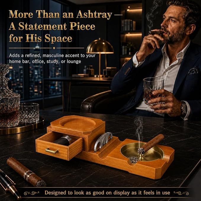 Cigar Ashtray Gift Set with Cigar Cutter, Whiskey Glass Tray and Wooden Ash Tray Outdoor Ashtray for Cigarettes, Great Decor for Home Office cigar Gifts for Men