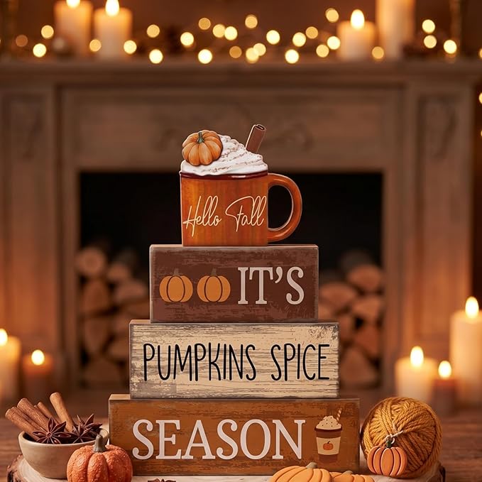 Lineshading 4 Pcs Fall Decorations for Home Wooden Hot Cocoa Cup Block Sign Thanksgiving Tiered Tray Decor Thanksgiving Centerpiece Rustic Fall Table Decor for Autumn Harvest Party Home Kitchen