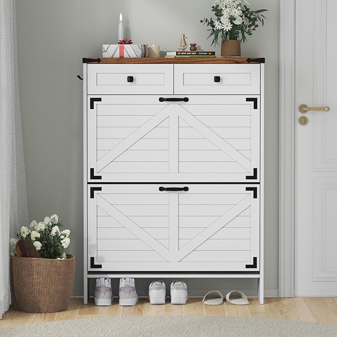 Shoe Cabinet with 2 Flip Drawers, Hidden Shoe Storage Cabinet with 2 Pull-Out Drawers, Farmhouse Shoe Organizer for Entryway, Narrow Shoe Rack for Front Door Entrance, White