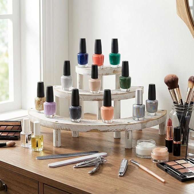 MyGift 3 Tier Wooden Display Riser Stand, Cupcake Stand & Perfume Organizer, Rustic Whitewashed Tiered Display Shelf for Desserts, Nail Polish, Makeup, Plants & Collectibles