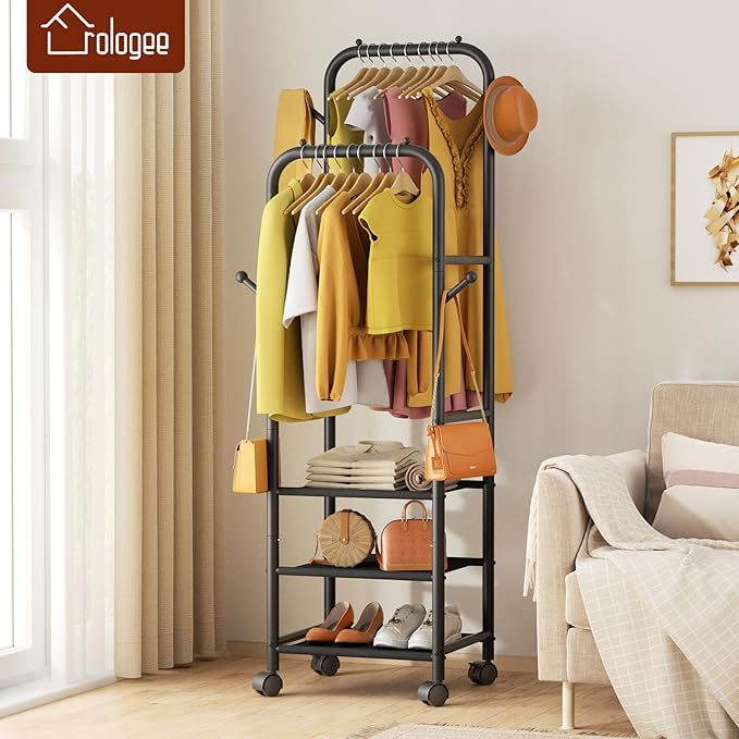 Furologee Clothing Racks for Hanging Clothes, Portable Rolling Garment Rack, Sturdy Metal Freestanding Clothes Rack with Wheels, Double Rods Wardrobe Racks for Bedroom Laundry Living Room