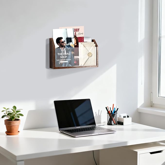 Wall Magazine Holder – Wooden Wall Mounted Magazine Rack, Clear Acrylic Panel – Magazine, Book, Home Office File Organizer – Vinyl Record Holder – Rustic Brown