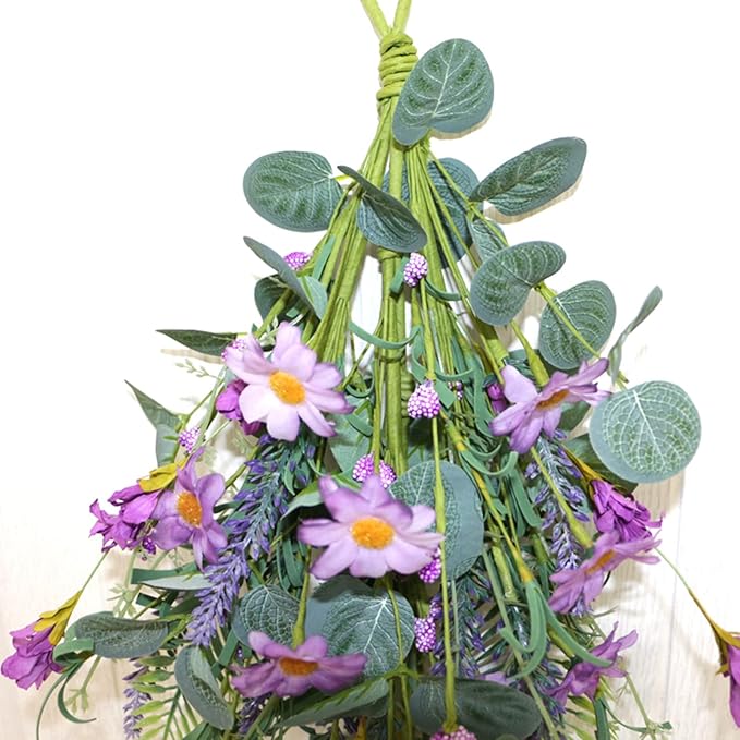 19.7in Purple Lavender Daisy Teardrop Swag, Artificial Floral Swag with Green Leaves, Fake Daisy Flower Swag Front Door Decorative Swag for Door Wall Wedding Arch Decor(Multicolour)
