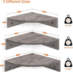 Homode Corner Floating Shelves, Set of 3 Corner Wall Shelves for Storage and Display, 3 Tier Wood Hanging Shelf Organizer for Cable Box, for Bedroom, Bathroom, Kitchen, Rustic Grey
