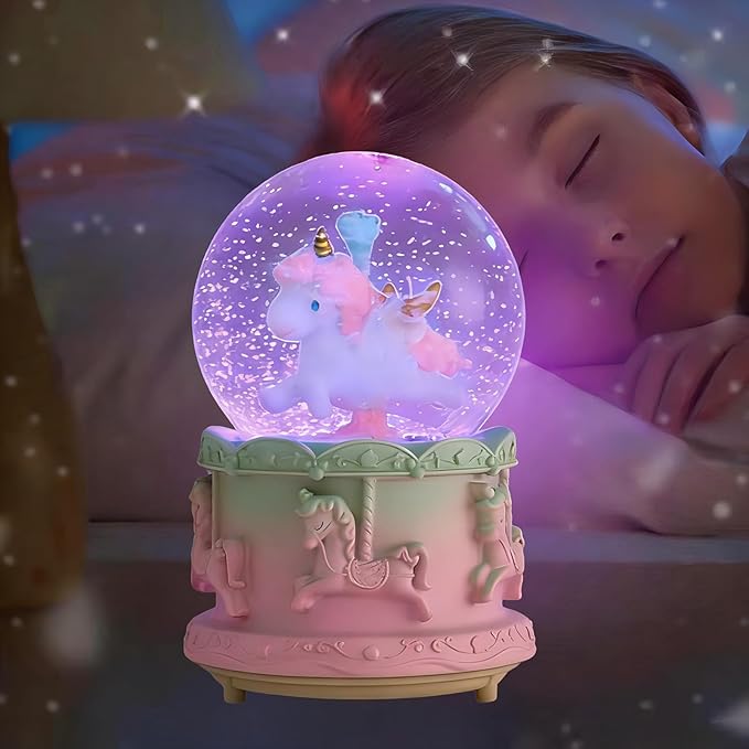 Snow Globes,Pink Unicorn Music Snowglobes with LED Lights and Automatic Snowfall,Music Box Gifts for Girl,Home Decor Glass Ball for Kids Room Birthday for 5-18 Year Old Girl (4.7x3.2IN