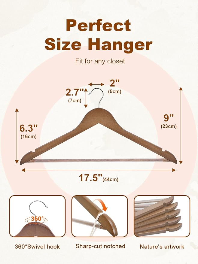HOUSE DAY Walnut Wooden Hangers 20 Pack, Solid Wood Hanger with Non Slip Pant Bar, Heavy Duty Wooden Coat Hanger for Closet, Smooth Finish Wood Clothes Hangers for Shirts, Suits, Jackets, Dress