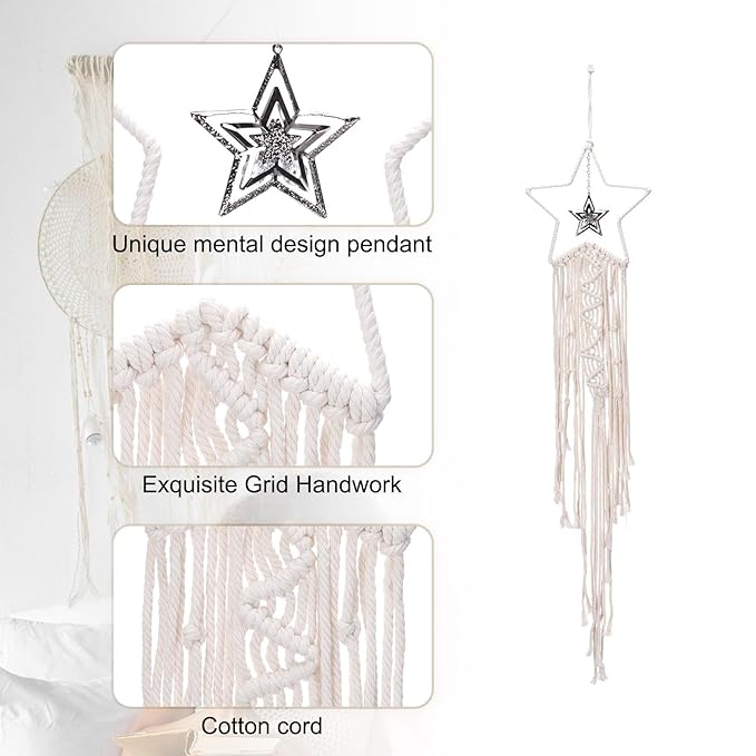 MECCANIXITY Macrame Dream Catchers, White Handmade Star Design Woven Cotton Dream Catcher Wall Hanging for Home Bedroom Decoration Ornament Craft Gift