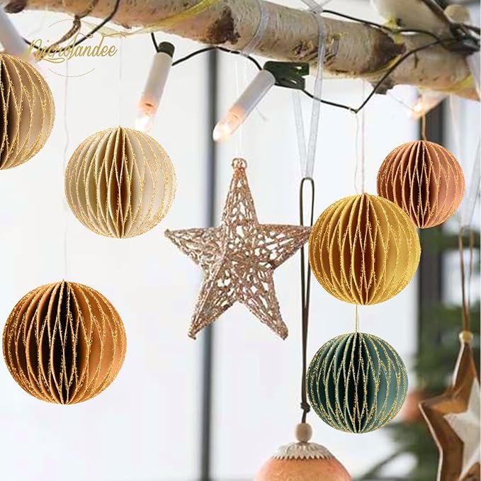 NICROLANDEE Christmas Hanging Decorations, 6 PCS Nature Round Glitter Edge Paper Honeycomb Ornaments, Green Brown Mini Paper Lanterns Ornament for Christmas Tree Décor, New Years Party Home Decor