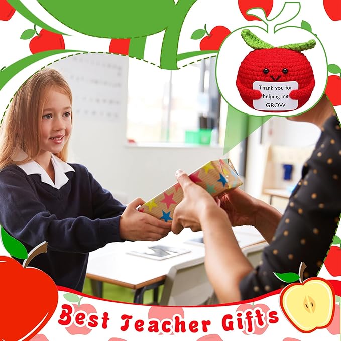Wavwavw 3 Pack Teacher Appreciation Gift Positive Flower Handmade Crochet Doll Thank You for Helping Me Grow Gifts Back to School Gifts for Women Teacher(Apple)