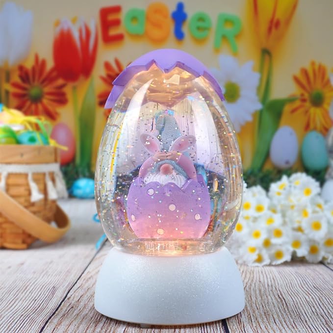 Gnome Easter Snow Globe, Easter Bunny Snow Globe Eggs Spring Decor with Swirling Glitter, 6H Timer, USB or Battery Powered, See No Evil Gnome Snowglobe for Tabletop Decor Gift 7.4 Inch (Purple)