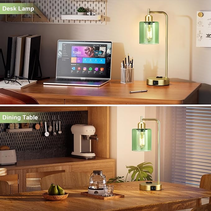 Innqoo Industrial Green Table Lamps for Bedrooms Set of 2-3-Way Dimmable Desk Lamp with USB C+A Ports and Outlet, Gold Lamps with Green Glass Shade for Living Room