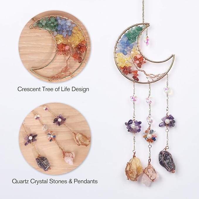 Mini Rainbow Crystals Crescent Moon Sun Catcher Tree of Life Dream Catchers Suncatcher with Quartzs Handmade Dreamcatcher Wall Decor for Adults Boys Girls Bedroom Wedding Garden Bless Gift