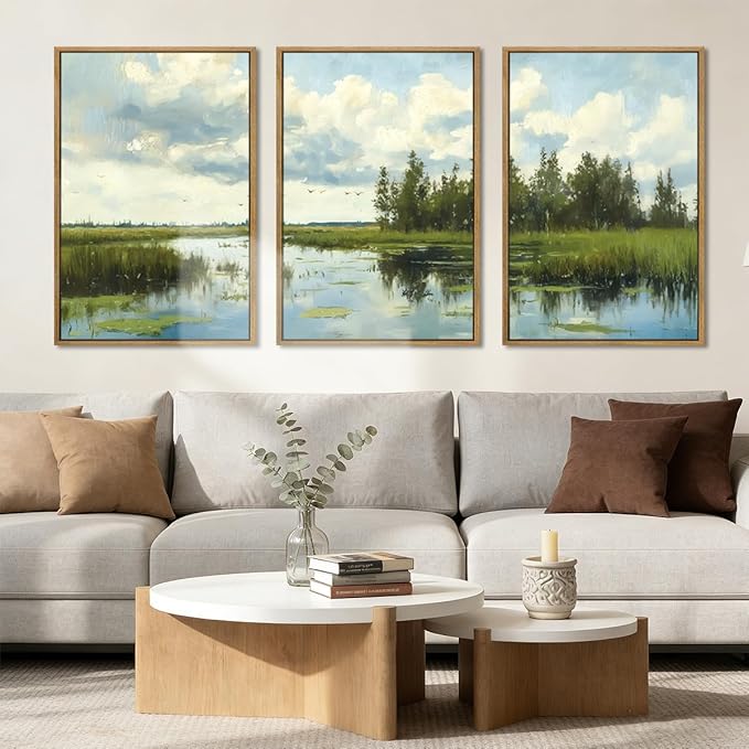 BINCUE Framed Green Nature Wall Art Lake Scenery Wall Decor Landscape Art Print Green Nature Landscape Artwork Green Plants Wall Pictures for Living Room Bedroom Office Farmhouse 16 x24 Inches Set of 3 Gift