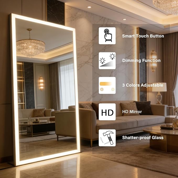 Full Length Mirror with Lights, 71"x32" Full Body Mirror with Light, Lighted Floor Mirror, LED Full Length Mirrors Wall Mounted Dimming & 3 Color Lighting for Bedroom, White