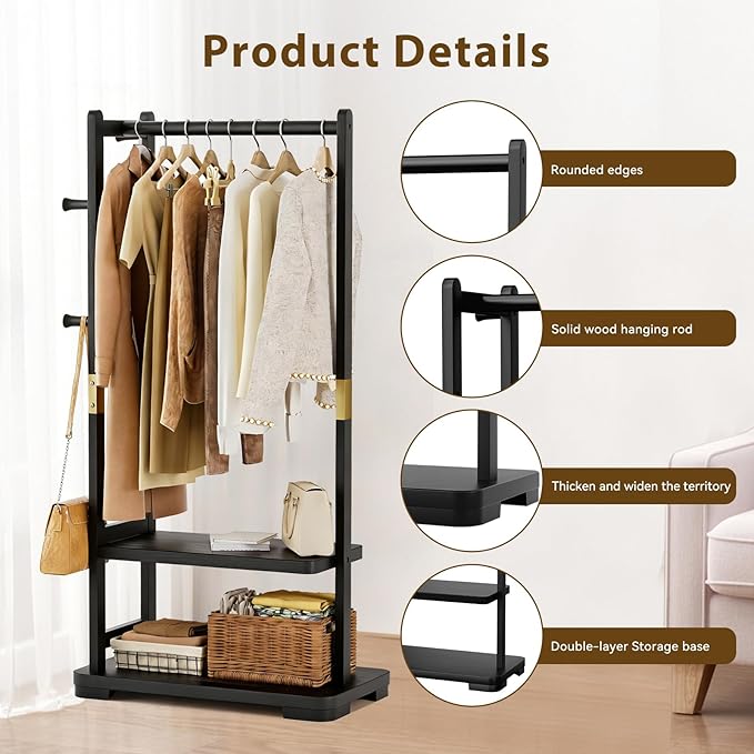 Solid Wood Clothes Rack with 2 Shelves & 4 Hooks for Hanging Clothes Garment Wallets Hats, Black Clothing Rack Heavy Duty Coat Rack Freestanding with Storage Hall Tree for Hallway Bedroom Living Room
