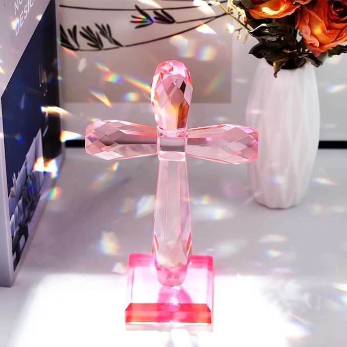 YWHL Handmade Crystal Standing Cross Decor, Religious Gifts for Women Men, Holy Cross for Easter Pary, Art Collectible Figurines for Home Table (Pink)
