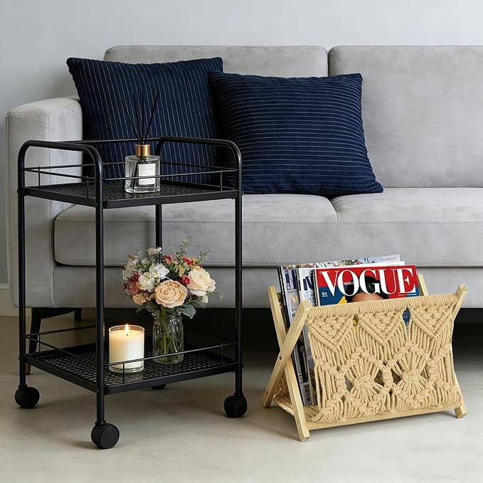 Boho Macrame Magazine Holder,Hand-Woven Magazine Rack for Home Office Desktop, Storage Basket for Letters, Magazines, Books and Newspapers (Brown)