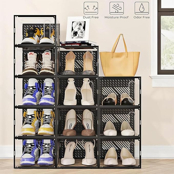 12 Packs Clear Plastic Shoebox With Magnetic Door, Large(13" × 9" × 5.6") Stackable Shoe Box Storage With Lids, Multifunctional Sneaker Containers, Toy Storage, Space-Saving Shoe Rack White