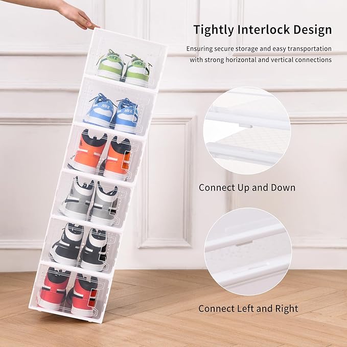 X-Large Plastic Clear Shoe Storage Boxes Stackable 12 Pack Fit Size 11, Shoe Rack & Holder Substitute, Sneaker Containers, Toy Storage Organizer for Entryway, Closet, Under Bed (White)