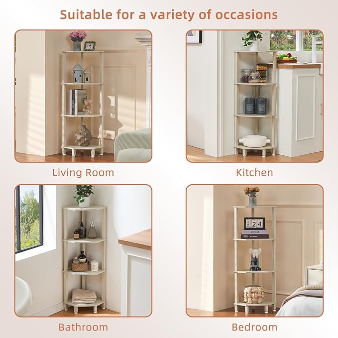 YUFAM 4-Tier Corner Shelf with Sturdy 5-Leg Base, Wooden Corner Bookshelf for Small Spaces, Corner Standing Shelf for Living Room, Bedroom, Office, Grey White