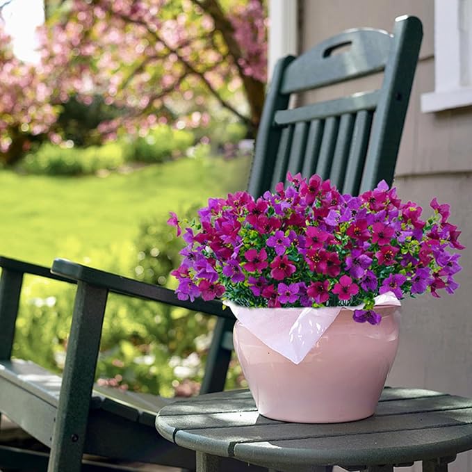 Artificial Faux Plants Flowers Outdoor Spring Summer Decoration, 12 Bundles Fake Silk Colorful Daisy Eucalyptus Realistic UV Resistant for Outside Home Planter Porch Yard Decor (Purple Red Lotus)