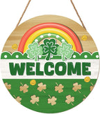Happy St. Patrick's Day Rainbow Wooden Hanging Sign 12x12 Inch St. Patricks Day Welcome Shamrock Wreath Sign for Front Door Decor,Irish Spring Farmhouse Wood Wreath Indoor Wall Hanging Decoration