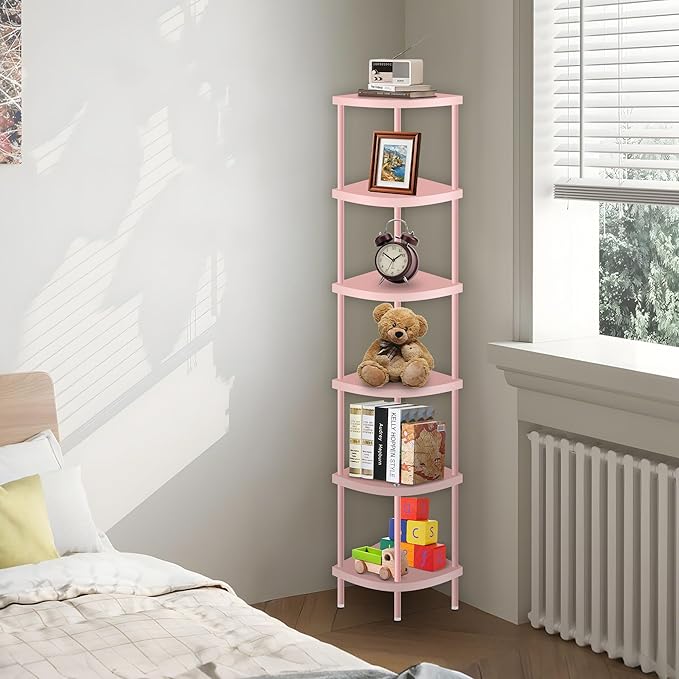 Qupui 6 Tier Corner Shelf Stand, 66” Tall Corner Bookshelf Multipurpose Shelving Unit, Corner Stand Display Rack Home Organizer Shelves for Bedroom Living Room, Pink