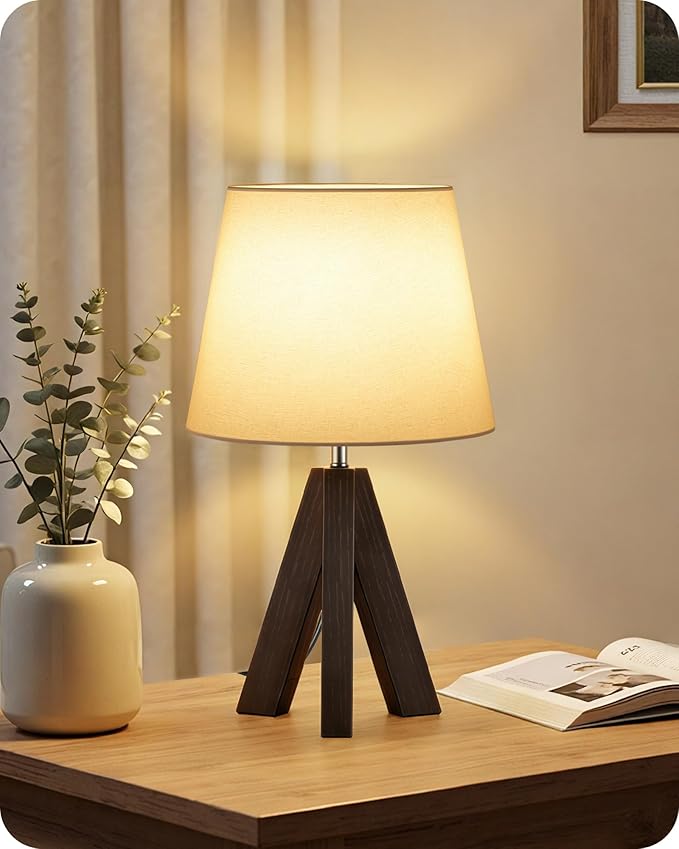 Tripod Table Lamp, 14.6" Small Bedside Table Lamp, Modern Nightstand Lamp with White Linen Shade & Dark Walnut Base, Boho Desk Lamp for Bedroom, Kids Room, Living Room, Study, VW51TL05
