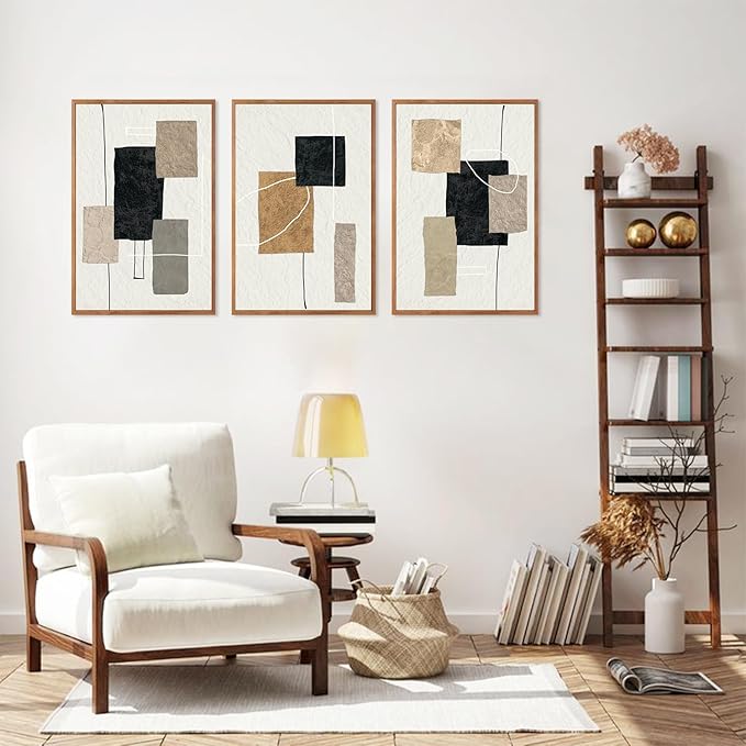 KAlRNE Neutral Abstract Framed Canvas Wall Art Set of 3(16”X24”),Black Beige and Brown Wall Decor,Modern Minimalist Block Lines Art Prints For Living Room Bedroom Office