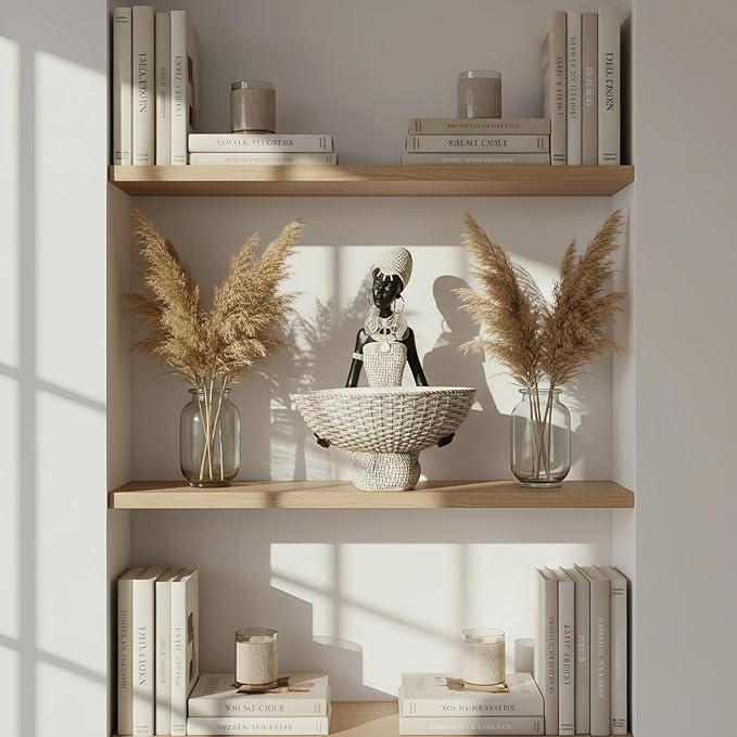 Lescafita Ivory White African Seated Woman Statue - Serene Tribal Figure with Crystal Earrings, Minimalist Resin Home Decor for Shelves/Desks (9" H)