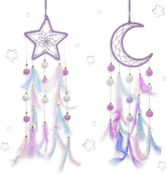 Dream Catcher Wall Hanging Set, 2 Pcs Purple Dream Catchers Wall Decor Feather Hanging Ornaments Moon Star Design Dreamcatcher for Girls Bedroom Room Decor Birthday