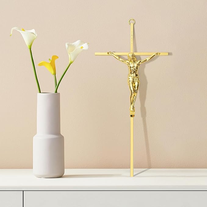KUXBET Crucifix Wall Cross, Metal Wall Hanging Cross,10inch Gold Jesus Crucifix Home Décor, Gift for Family