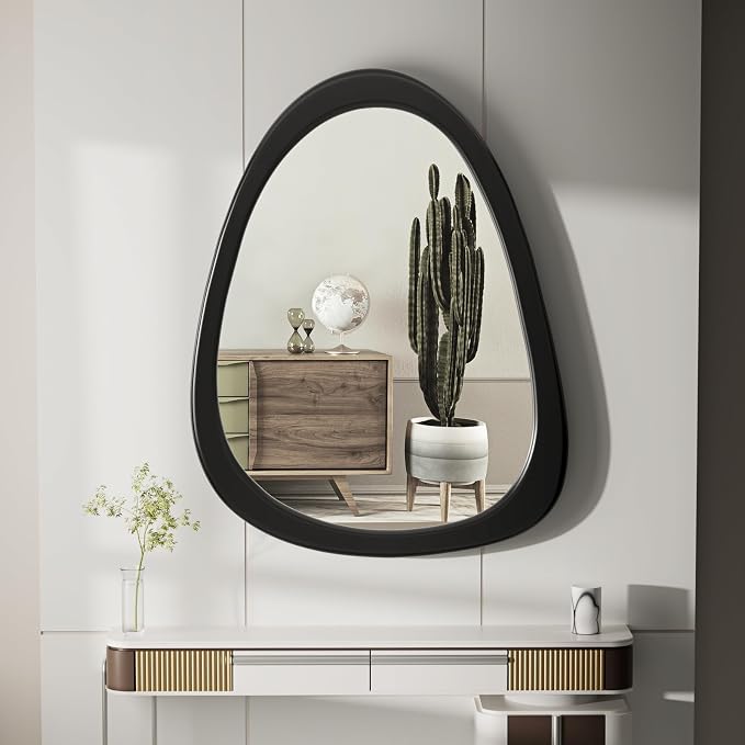 34"x 26" Irregular Wall Mirror, Black Frame Wood Asymmetrical Decorative Wall Wooden Mirror for Living Room Bedroom Entryway Bathroom Home Decor