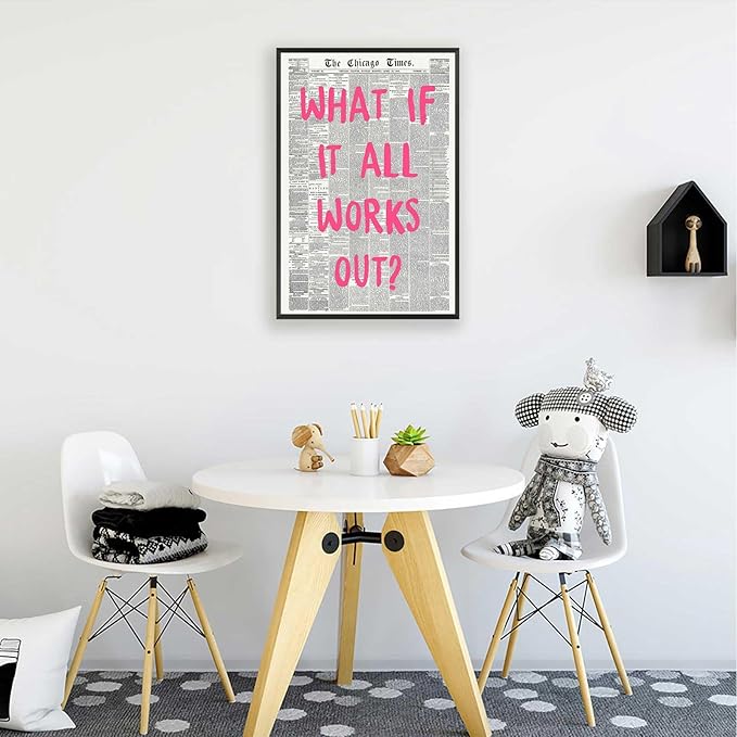 What If It All Works Out Poster Retro Newspaper Pink Font Canvas Wall Art Positive Affirming Quote Minimalist Prints Painting For Home Bedroom Dorm Wall Decor 16x24in Framed