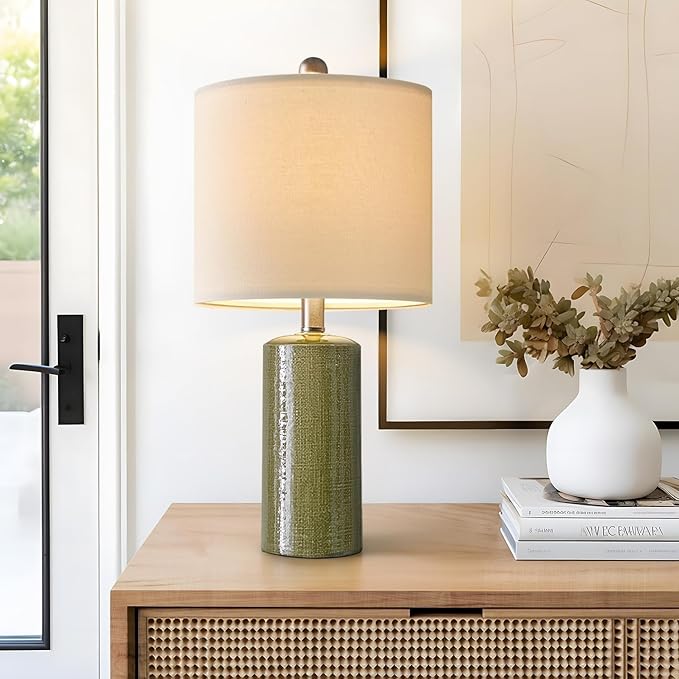 G-SAFAVA 20.25" Small Single Table Lamp for Bedroom Modern Ceramic Nightstand Lamp Farmhouse Bedside Lamp Boho Living Room End Side Table Lamp, Green