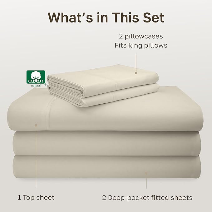 California Design Den Split King Sheet Set - 100% Cotton, 600 Thread Count Sateen, Breathable Luxury King Size Sheets for Adjustable Bed, Luxury Soft Hotel Quality Sheets - Ivory (Warm Cream)