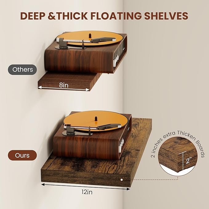 Vivelove 12" Deep Floating Shelves for Wall 12" Long, Wall Shelves for Living Room Bedroom Bathroom Kitchen Laundry Room, Farmhouse Rustic Shelves for Home Decor, 12" X 12" X 2" Set Of 2, Rustic Brown