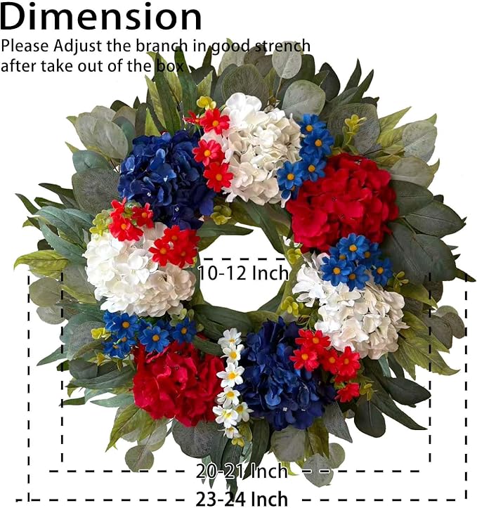 WANNA-CUL 250th Year Patriotic Wreaths for Front Door Decorations, 24 Inch 4th of July Hydrangea Wreath, Red White Blue Spring Door Wreath for Independence Day, Memorial Day for Indoor Outdoor Decor