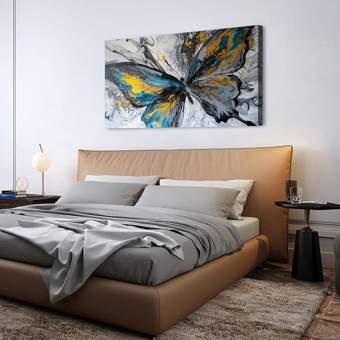Abstract Butterfly Wall Art Teal Grey Yellow Butterfly Wall Decor Modern Marble Textured Canvas Poster Luxury Fluid Pictures Watercolor Neutral Artwork Living Room Bedroom Home Decoration 29.53x57.87"
