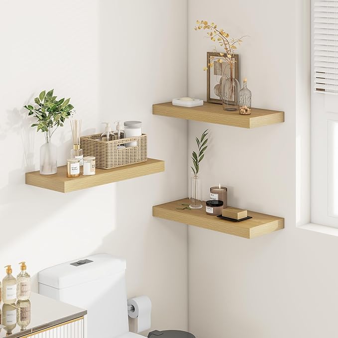 Vivelove 12 Inch Deep Floating Shelves 24 inch Long, 24 x 12 Wide Display Shelves with Invisible Brackets, Shelf for Bedroom Bathroom Living Room Office Home, Modern Shelf Set of 2, Oak