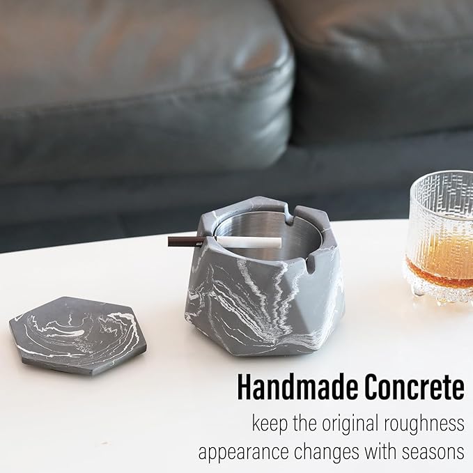 FREELOVE Concrete Ashtray with Lid & Stainless Steel Ashtrays for Cigarettes, Cement Ash Tray Smoking Holder Indoor Smokeless Outdoor Windproof Patio Home Office Cool Decor(Grey-White, Large)