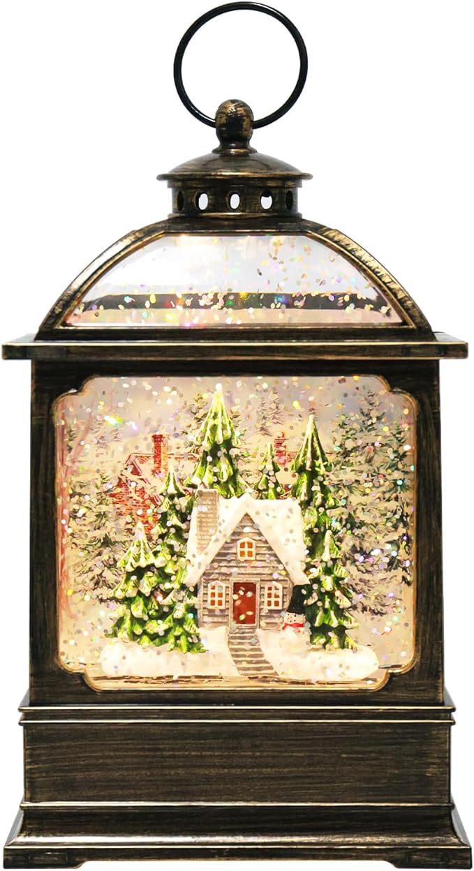 Christmas Snow Globe Lantern with 8 Music Songs & 6H Timer Water Snow Globe Lantern USB & Battery Operated for Christmas Festival Decorations Gifts (House)
